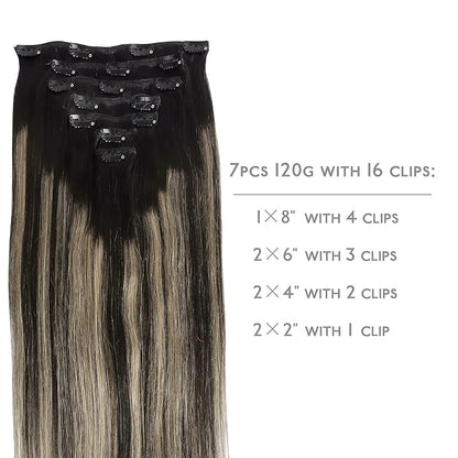 WENNALIFE Clip in Human Hair Extensions, 18 Inch 120g 7pcs Balayage Natural Black to Light Blonde Hair Extensions Remy Real Human Hair Double Weft