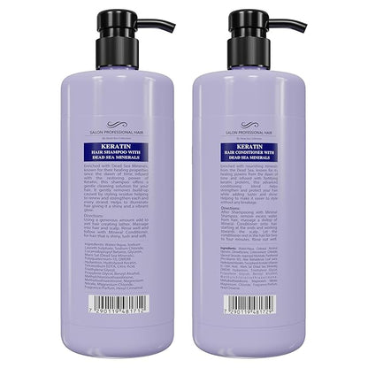 Dead Sea Collection Shampoo and Conditioner Set for Strengthening and Volume - Pure Dead Sea Minerals and Keratin – Hair Care - Nutrition, Repair and Shine - Pack of 2 (33.8 & 30.6 Fl. Oz)