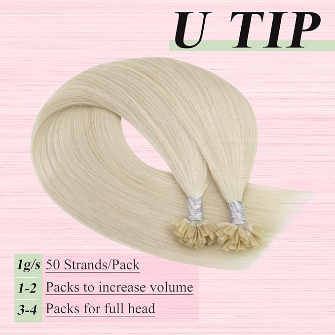 YoungSee U Tips Hair Extensions Real Human Hair Blonde U Tip Real Hair Extensions Platinum Blonde Hot Fusion Hair Extensions Human Hair Blonde K Tip Hair Extensions Human Hair for Women 16In 1G/S 50G