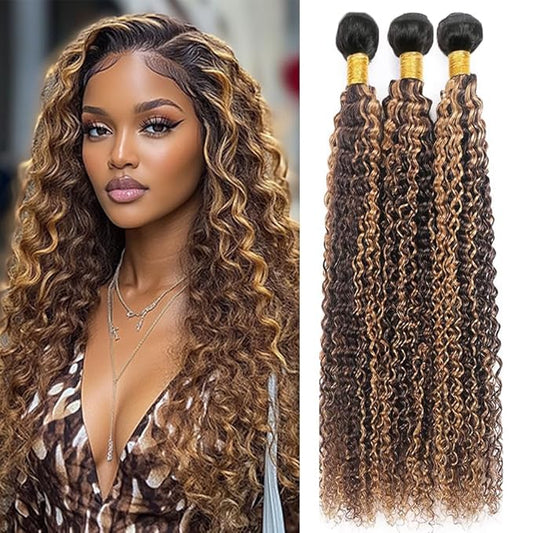 Ombre Honey Blonde Curly Bundles Highlight P427 Deep Curly Bundles Brown and Blonde Brazilian Human Hair Extensions Soft and Silky for Black Women 20 22 24 Inch