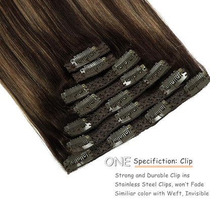 Caliee Clip in Hair Extensions Human Hair 20Inch B2/6 Darkest Brown Fading to Chestnut Brown Hair Long Straight Soft Silky Double Weft 7Pcs 140g Human Hair Extensions Clip in Extensions