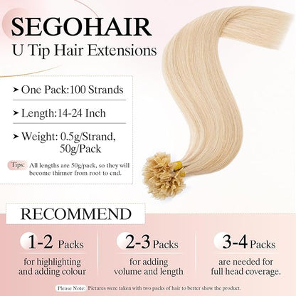 U Tip Hair Extensions Human Hair Pre Bonded Extensions Keratin Fusion Extensions K Tip Hair Extensions Real Human Hair Silky Straight Natural 50g/100 Stands 14" Ash Blonde Mix Bleach Blonde