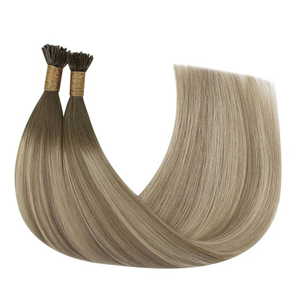 YoungSee I Tips Hair Extensions Ombre Itips Hair Extensions Human Hair Ombre Dark Brown to Light Brown with Blonde Tip Extensions Balayage 20In Keratin Hair Extensions Volume-Adding 50s 50g