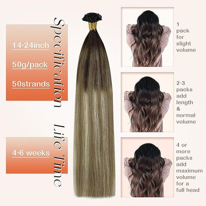 Sunny Hair Flat Tip Hair Extensions Human Hair Balayage Brown Blonde Hair Extensions Keratin Tip 20inch Keratin Fusion Human Hair Extensions for Women 50g