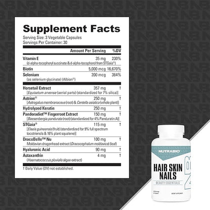 NutraBio Hair Skin Nails Vitamins| Enhanced Collagen Support | Skin Hydration | for Men & Women with Biotin, Keratin, Hyaluronic Acid & More- 90 Capsules