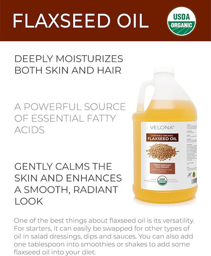 velona USDA Certified Organic Flaxseed Oil - 64 Fl Oz | 100% Pure and Natural Carrier Oil | Unrefined, Cold Pressed |Body, Face & Skin Care | Use Today - Enjoy Results…