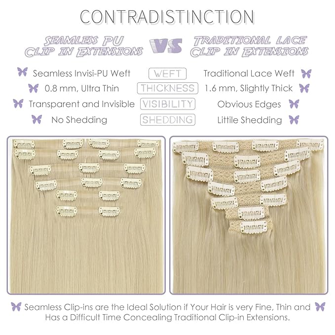 Lacer Seamless Clip in Hair Extensions - 14 in Human Hair, 18 Clips, #60A Platinum Blonde, Natural Silky Invisible Weft, 7Pcs 130 Grams for Women