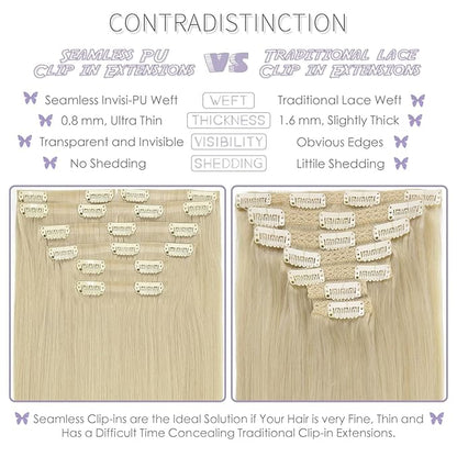 Lacer Seamless Clip in Hair Extensions - 14 in Human Hair, 18 Clips, #60A Platinum Blonde, Natural Silky Invisible Weft, 7Pcs 130 Grams for Women