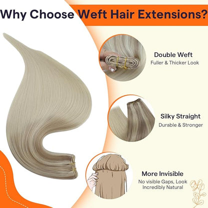 Full Shine Weft Hair Extensions Human Hair Straight Human Hair Bundles For Women Sew In Hair Extensions Color Ash Blonde To Butter Blonde Mix Platinum Blonde 12 Inch 80G