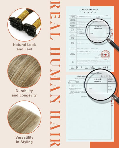 Sunny K Tip Hair Extensions Human Hair Light Brown Balayage Ash Brown with Highlight K Tip Hair Extensions Balayage Keratin Hair 20inch 50g