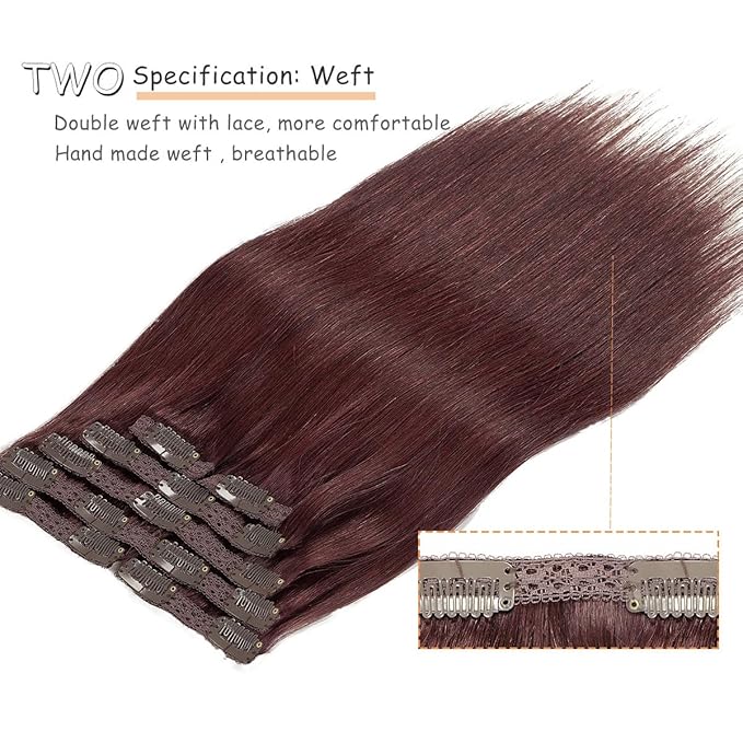 Caliee Clip in Hair Extensions Real Human Hair Burgundy Wine Red Color Double Weft Lace Invisible Silky Straight Hair Extensions Clip ins for Full Head 120 G 14 Inch