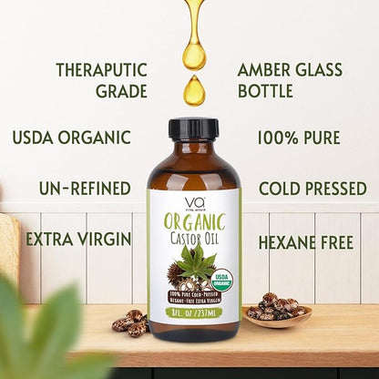 Castor Oil Organic Cold Pressed Unrefined Glass Bottle - USDA Certified Castor Oil For Hair Growth, Skin, Eyelashes, Eyebrows & Nails - 8 Fl Oz