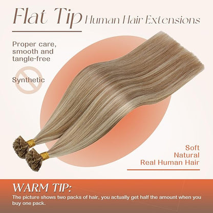 Sunny Hair K Tip Hair Extensions Real Human Hair Light Brown with Blonde Flat Tip Human Hair Extensions Keratin Extensions Human Hair 14inch 50g