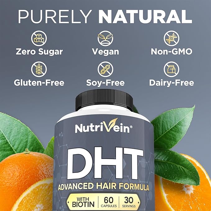 Nutrivein Premium DHT Blocker for Men & Women - with Biotin - 30 Day Supply (60 Caps): Hair Supplements for Men & Women of All Ages - for A Great Head of Hair