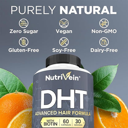 Nutrivein Premium DHT Blocker for Men & Women - with Biotin - 30 Day Supply (60 Caps): Hair Supplements for Men & Women of All Ages - for A Great Head of Hair