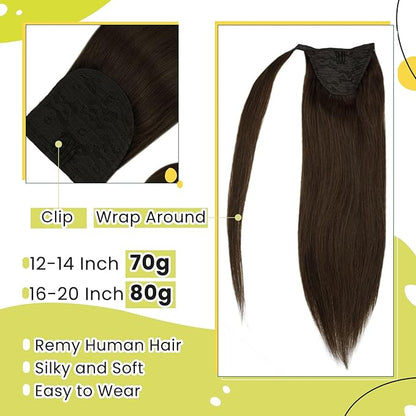 RUNATURE Hair Ponytail Extension Short Ponytail Human Hair Extensions Ponytail #4 Brown Thick Wrap Ponytail Hair Extensions with Clips Straight Real Hair Ponytail Extensions Silky 14 Inch 70g