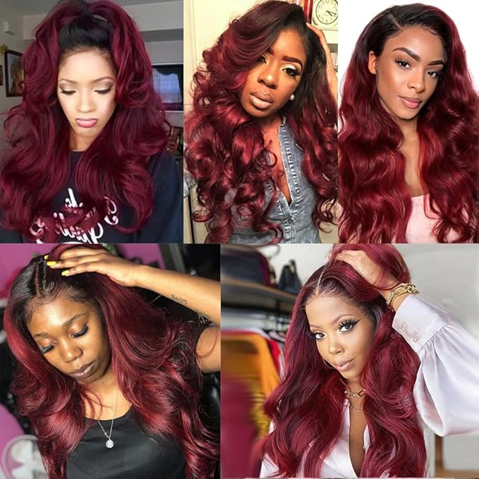 99j Body Wave Bundles Ombre Human Hair Bundles 26 28 30 Inch Niegmeag Grade 8A Brazilian Virgin Remy Hair Extensions 2 Tone Black and Red Bundle 300g