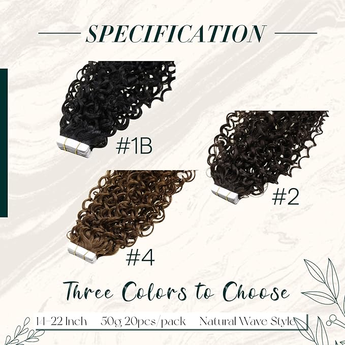 RUNATURE Curly Tape ins Human Hair Extensions Natural Black #1B Tape in Hair Extensions Real Human Hair Full Ends Curly Human Hair Tape in Extensions Silky Glue in Hair Extensions 16 Inch 50g 20pcs