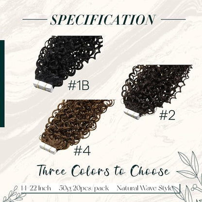 RUNATURE Curly Tape ins Human Hair Extensions Natural Black #1B Tape in Hair Extensions Real Human Hair Full Ends Curly Human Hair Tape in Extensions Silky Glue in Hair Extensions 16 Inch 50g 20pcs