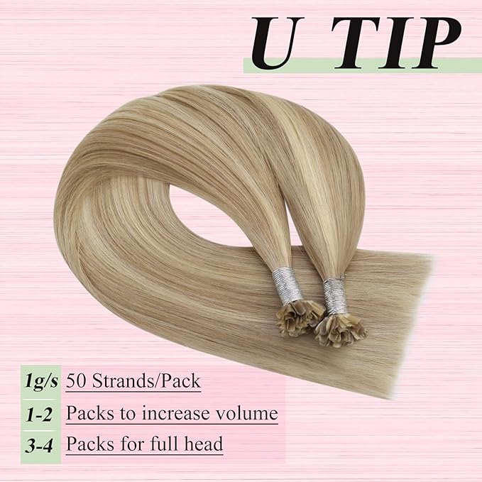 YoungSee U Tip Hair Extensions Highlight Golden Blonde and Medium Blonde U Tips Extensions Human Hair 16In 1G/S 50G