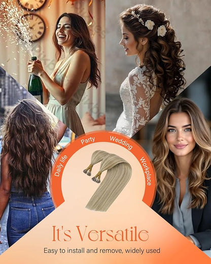 Sunny Hair Nano Bead Hair Extensions Remy Real Human Hair Extensions Nano Bead 18 inch Golden Blonde Highlights Light Blonde Nano Tip Real Hair Extensions for Young Adults 50G