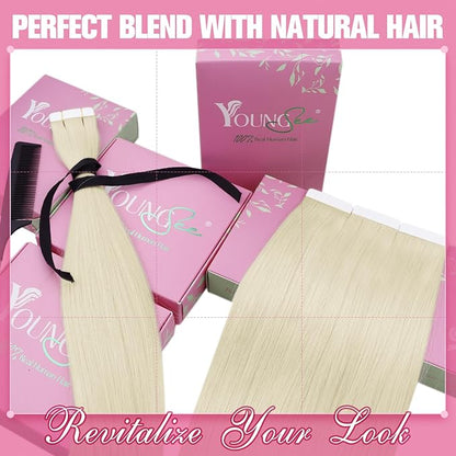 YoungSee Tape in Extensions Platinum Blonde Hair Extensions Tape in Blonde Hair Extensions Real Human Hair Tape in 20 Inch 50g Blonde Tape Extensions 20pcs Invisible Tape in Hair for Wedding