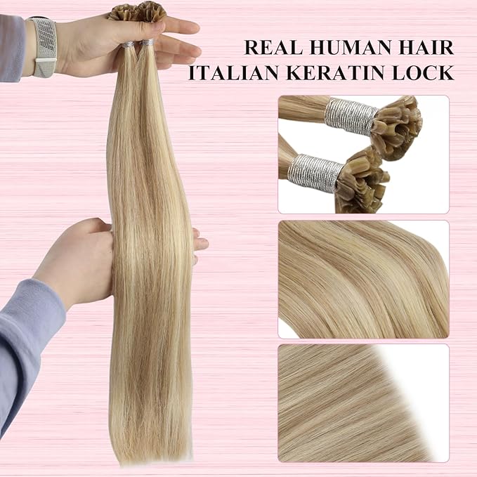 YoungSee U Tip Hair Extensions Highlight Golden Blonde and Medium Blonde U Tips Extensions Human Hair 16In 1G/S 50G