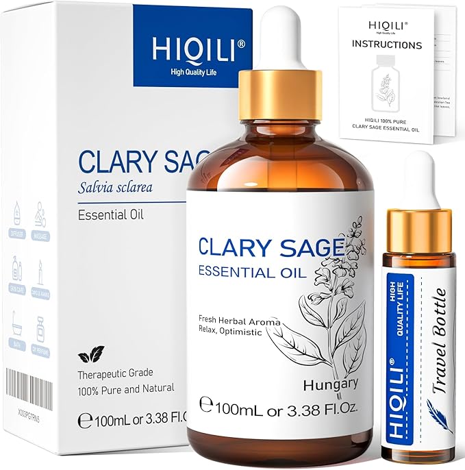 HIQILI Clary Sage Oil Essential, Herbal Sooth Aroma in Diffuse, Meditation, Calming Sleep at Bedtime, Body Massage, Moisturize Skin, DIY Deodorant Spray - 100ML