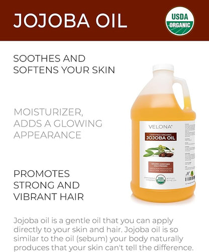 velona Jojoba Oil USDA Certified Organic - 64 Fl Oz | 100% Pure and Natural Carrier Oil| Golden, Unrefined, Cold Pressed, Hexane Free
