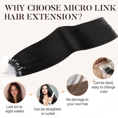MAXITA Microlink Hair Extensions Human Hair Natural Black Micro Bead Hair Extensions Virgin Human Hair, 50g/50 Strands/Pack, 22 In