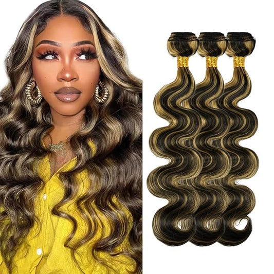 Blonde Bundles Human Hair Highlight Body Wave Bundles 22 22 22 Inch 2 Tone Black Mixed With Honey Blonde Body Wave Hair Weave Peruvian Grade 8A Virgin Hair Extensions