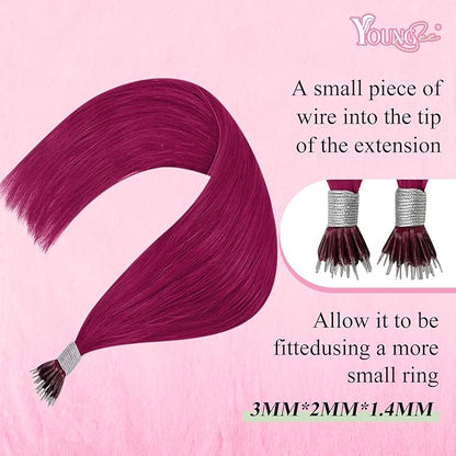 YoungSee Nano Hair Extensions Real Human Hair Magenta Real Hair Nano Bead Human Hair Extensions Burgundy Nano Rings Hair Extensions Double Drawn Nano Tips Hair Extensions Gifts for Women 25s 25g 14in