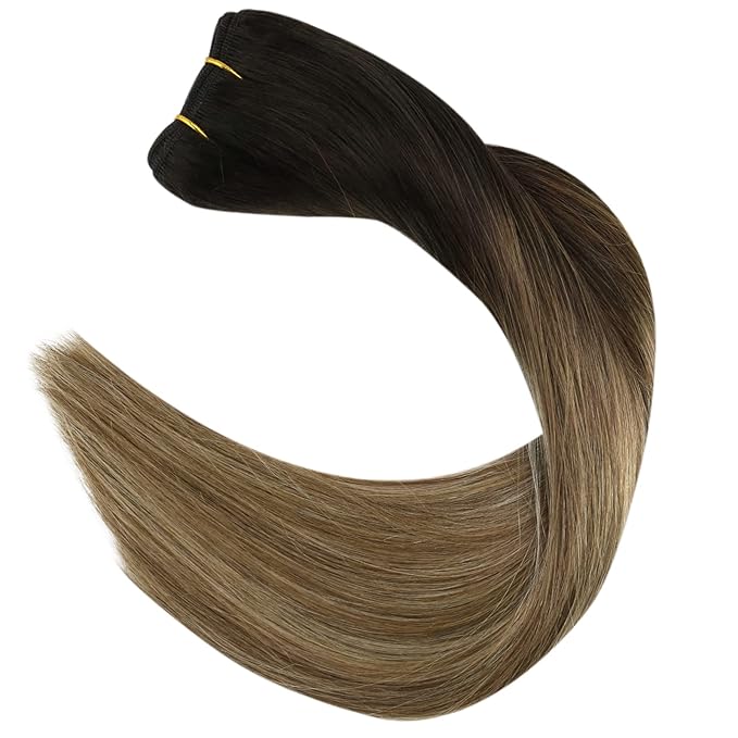 Full Shine Weft Hair Extensions Human Hair Invisible Sew In Hair Extensions Real Human Hair Sew In Extensions Remy Hair Balayage Weft Extensions Color Natural Black To Light Brown Mix Blonde 22 Inch
