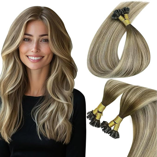 Sunny Hair U Tip Hair Extensions Human Hair Brown Ombre Keratin Hair Extensions Human Hair Dark Brown Balayage with Light Blonde K Tips Hair Extensions Real Human Hair Add Volume 14inch 50g