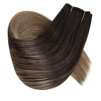 RUNATURE Invisible Wire Hair Extensions Real Human Hair, 20 Inch 100g Transparent Fish Line Human Hair Extensions Brown Ombre Natural Hair, #2/6/18 Dark Brown to Chestnut Brown and Ash Brown