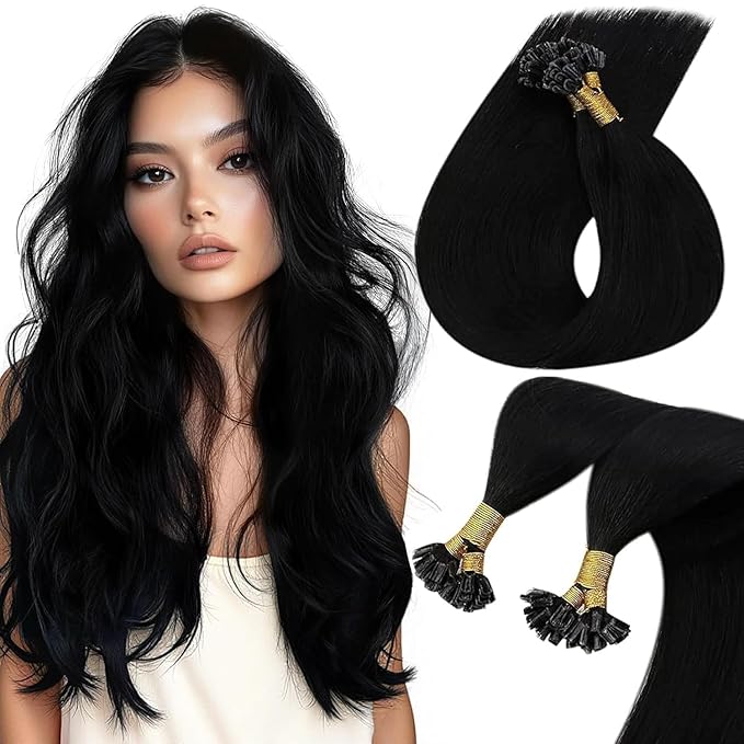 Sunny Hair U Tip Hair Extensions Human Hair Black K Tip Hair Extensions Real Human Hair Black Ktip Human Hair Extensions Straight Tip for Women Pre Bonded Fit Any Occasion 16inch 50g