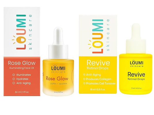 LOUMI Skincare Daily Duo - Rose Glow and Revive Retinol Drops - Moisturizing Face Oil - Lightweight Hydration - Vegan, Paraben-Free, Sulfate-Free, Cruelty-Free, Facial Skin Care for Women & Men