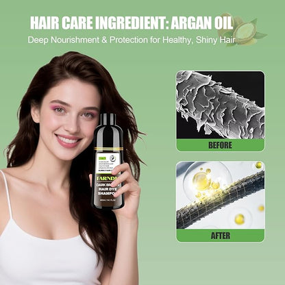 FARNDU Dark Brown Hair Dye Shampoo 3 in 1 with Argan Oil – 10-15 Min Gray Coverage, Natural Instant Hair Color Shampoo for Women and Men, Long-Lasting Up to 6 Months