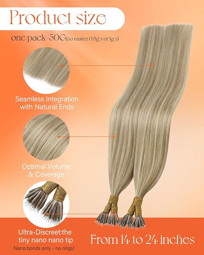 Sunny Hair Nano Bead Hair Extensions Remy Real Human Hair Extensions Nano Bead 18 inch Golden Blonde Highlights Light Blonde Nano Tip Real Hair Extensions for Young Adults 50G