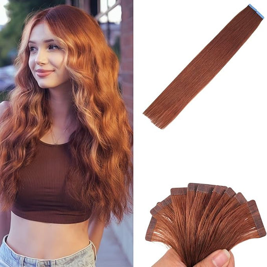 Auburn Tape in Hair Extensions Human Hair Long Invisible Silky Straight Tape in Real Human Hair Extensions for Women