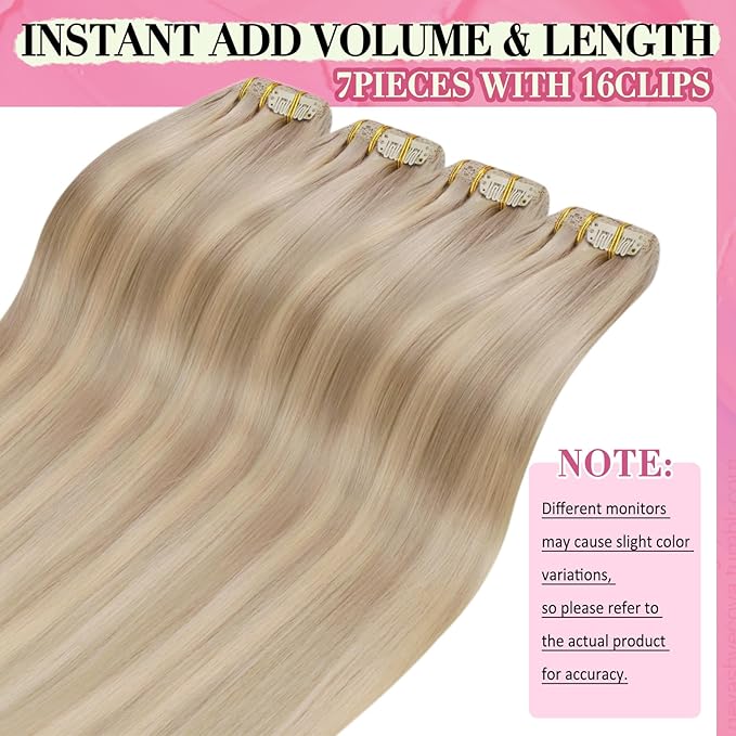 YoungSee 150G Clip in Hair Extensions Blonde Highlight Clip in Extensions Warm Ash Blonde Highlights Bleach Blonde Clip on Hair Extensions Human Hair Add Length and Volume 24Inch