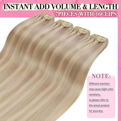 YoungSee 150G Clip in Hair Extensions Blonde Highlight Clip in Extensions Warm Ash Blonde Highlights Bleach Blonde Clip on Hair Extensions Human Hair Add Length and Volume 24Inch