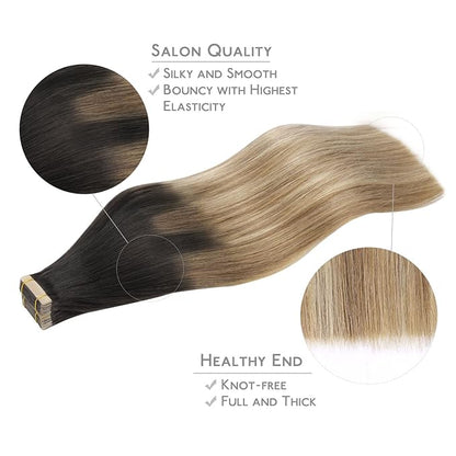WENNALIFE Tape in Hair Extensions, 20pcs 16 Inch 50g Dark Brown to Chestnut Brown and Dirty Blonde Remy Human Hair, Coloured