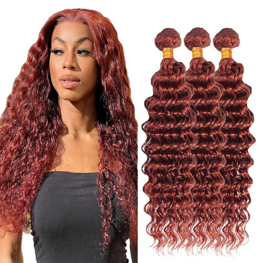 Reddish Brown Human Hair Bundles Color 33 Deep Wave Bundle Mixed Length 24 26 28 Inch Double Weft Unprocessed Brazilian Virgin Remy Hair Copper Red Deep Curly Bundles Silky and Soft
