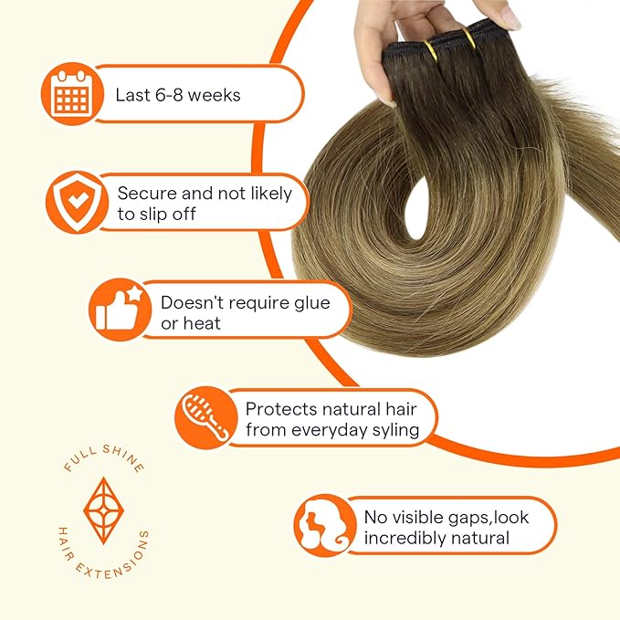 Full Shine Weft Hair Extensions Human Hair 22 Inch 105g Balayage Dark Brown to Caramel Blonde Sew in Hair Extensions Real Human Hair Weft Extensions Sew in Hair Bundles Full Head