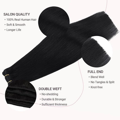 MAXITA Sew in Human Hair Extensions Jet Black Weft Hair Extensions Real Human Hair 100g 18 inch Silky Stright Double Weft Black Hair Weft Extensions Sew in Extensions