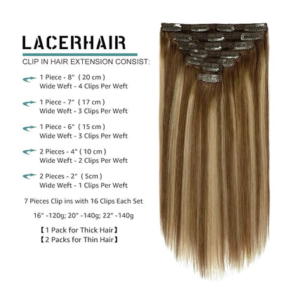 Lacer 18 Inch Highlight Clip in Hair Extensions Chocolate Brown to Caramel Blonde Remy Clip in Human Hair Extensions Straight Balayage Real Natural Hair Extensions 120g 7pcs