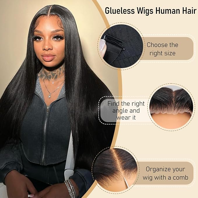 XZZ 28Inch Wear and Go Glueless Wigs Human Hair Pre Plucked Pre Cut 9x6 HD Lace Front Wigs Human Hair 200% Density Glueless Straight Wigs Human Hair Pre Everything Black Human Hair Wig for Women