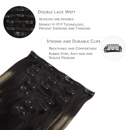 WENNALIFE Clip in Human Hair Extensions, 18 Inch 120g 7pcs Balayage Natural Black to Light Blonde Hair Extensions Remy Real Human Hair Double Weft