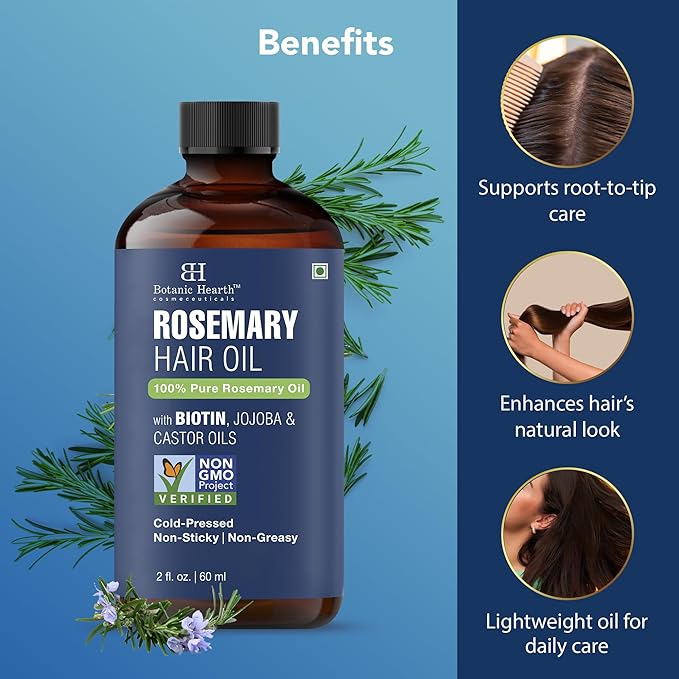 Botanic Hearth 100% Pure Rosemary Oil For Hair (2 Fl Oz) Infused With Biotin, Jojoba & Castor Oil | Hair Treatment | Nourishing & Volumizing | Non Gmo Verified | With Applicators - Hair Tonic